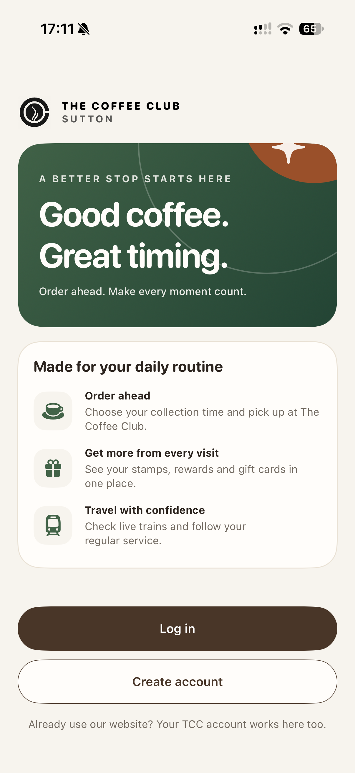 The real TCC iPhone app, with coffee, loyalty and travel information