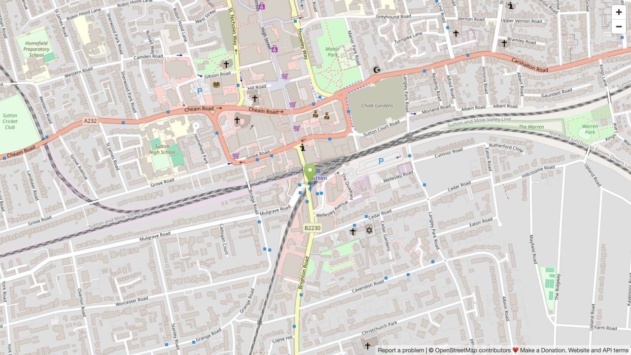 Map showing The Coffee Club beside Sutton railway station